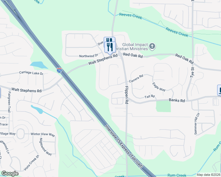 map of restaurants, bars, coffee shops, grocery stores, and more near 72 Arbor Cove Drive in Stockbridge