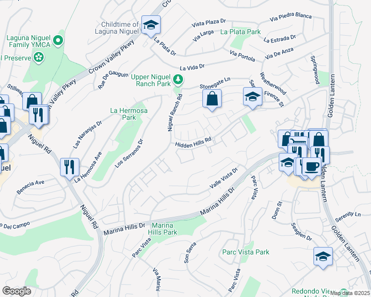 map of restaurants, bars, coffee shops, grocery stores, and more near 24922 Hidden Hills Road in Laguna Niguel