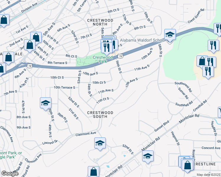 map of restaurants, bars, coffee shops, grocery stores, and more near 5448 11th Avenue South in Birmingham