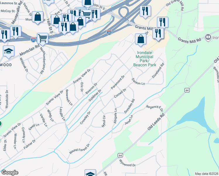 map of restaurants, bars, coffee shops, grocery stores, and more near 5230 Paramont Drive in Irondale