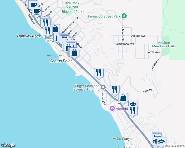 map of restaurants, bars, coffee shops, grocery stores, and more near 222 Arch Street in Laguna Beach