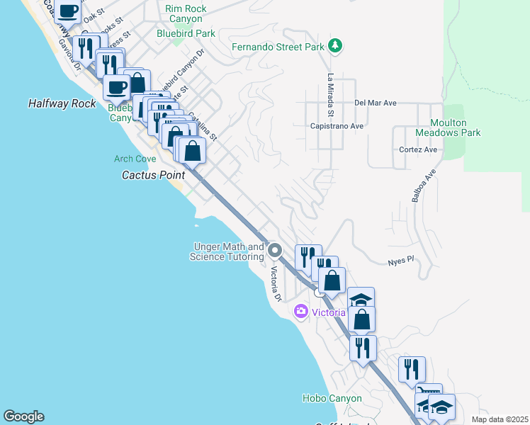 map of restaurants, bars, coffee shops, grocery stores, and more near 2460 Glenneyre Street in Laguna Beach