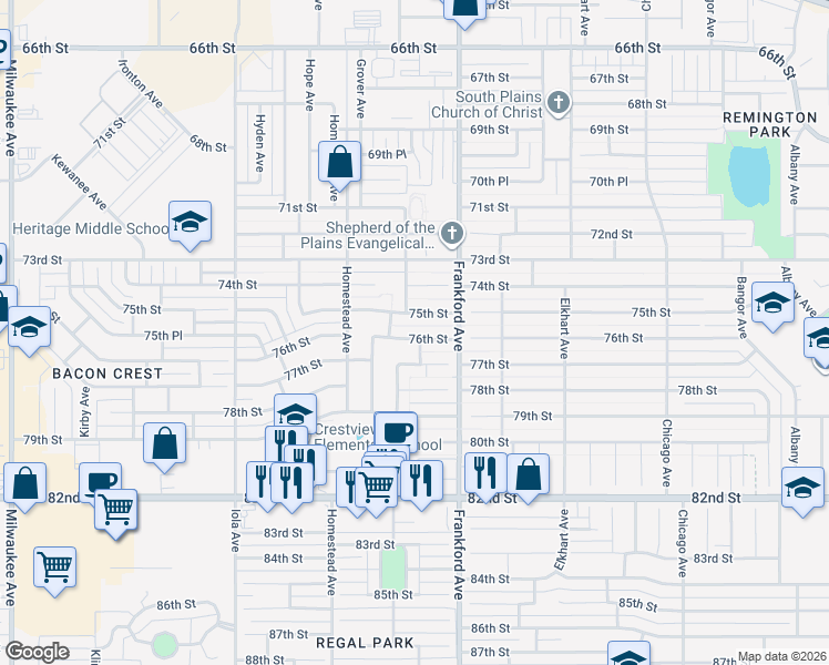 map of restaurants, bars, coffee shops, grocery stores, and more near 5814 76th St in Lubbock
