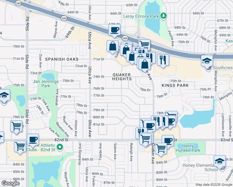 map of restaurants, bars, coffee shops, grocery stores, and more near 4506 77th Street in Lubbock