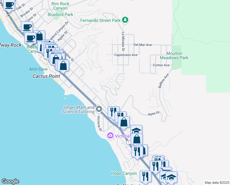 map of restaurants, bars, coffee shops, grocery stores, and more near 568 Alta Vista Way in Laguna Beach