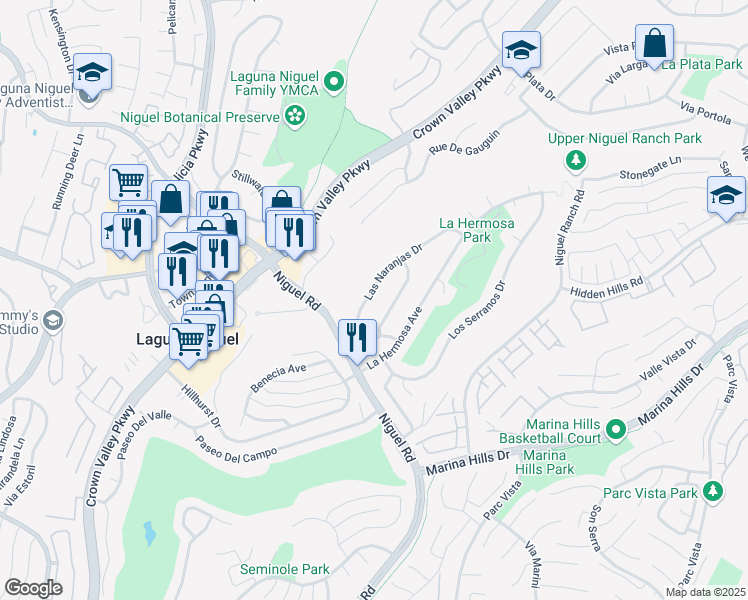 map of restaurants, bars, coffee shops, grocery stores, and more near 24202 Las Naranjas Drive in Laguna Niguel