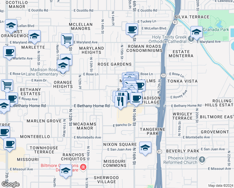 map of restaurants, bars, coffee shops, grocery stores, and more near 6040 North 15th Street in Phoenix