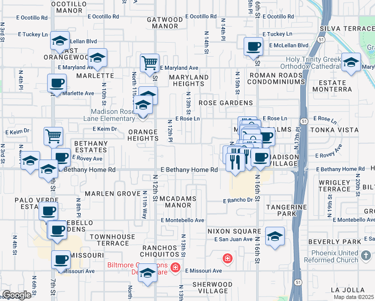 map of restaurants, bars, coffee shops, grocery stores, and more near 1320 East Bethany Home Road in Phoenix