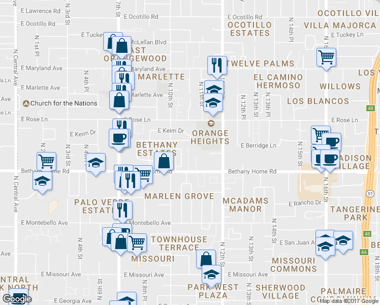 map of restaurants, bars, coffee shops, grocery stores, and more near 1030 East Bethany Home Road in Phoenix