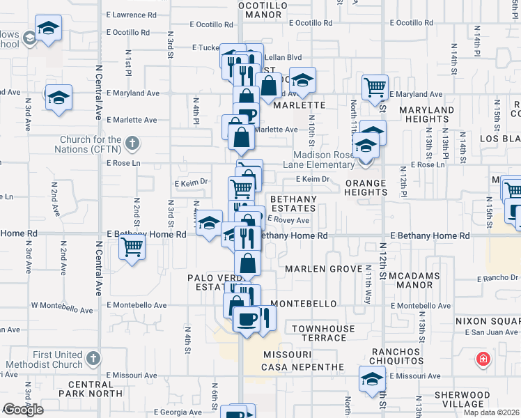 map of restaurants, bars, coffee shops, grocery stores, and more near in Phoenix