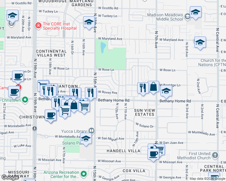 map of restaurants, bars, coffee shops, grocery stores, and more near 1302 West Rovey Avenue in Phoenix