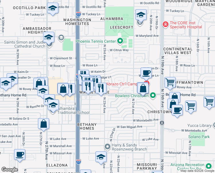 map of restaurants, bars, coffee shops, grocery stores, and more near 6030 North 23rd Avenue in Phoenix