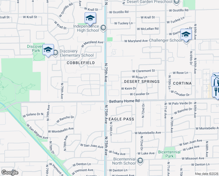map of restaurants, bars, coffee shops, grocery stores, and more near 7347 West Keim Drive in Glendale
