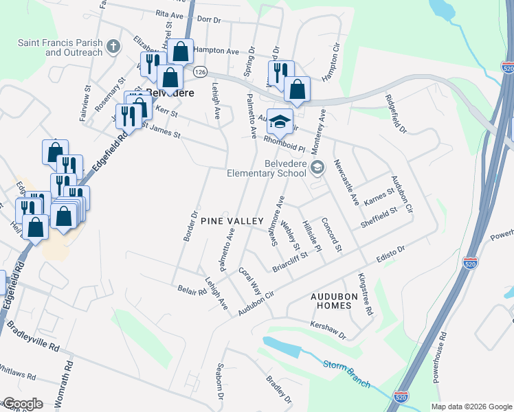 map of restaurants, bars, coffee shops, grocery stores, and more near in North Augusta