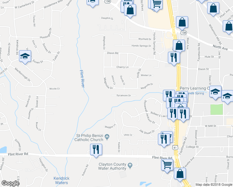 map of restaurants, bars, coffee shops, grocery stores, and more near 581 Sycamore Drive in Jonesboro