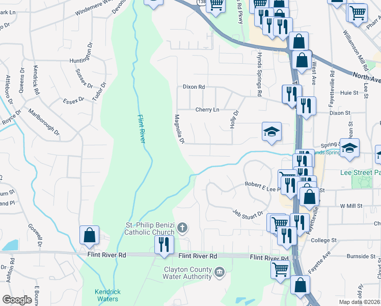 map of restaurants, bars, coffee shops, grocery stores, and more near 575 Sycamore Drive in Jonesboro