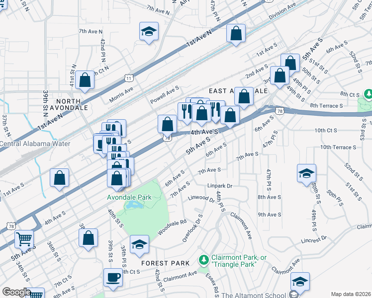 map of restaurants, bars, coffee shops, grocery stores, and more near in Birmingham