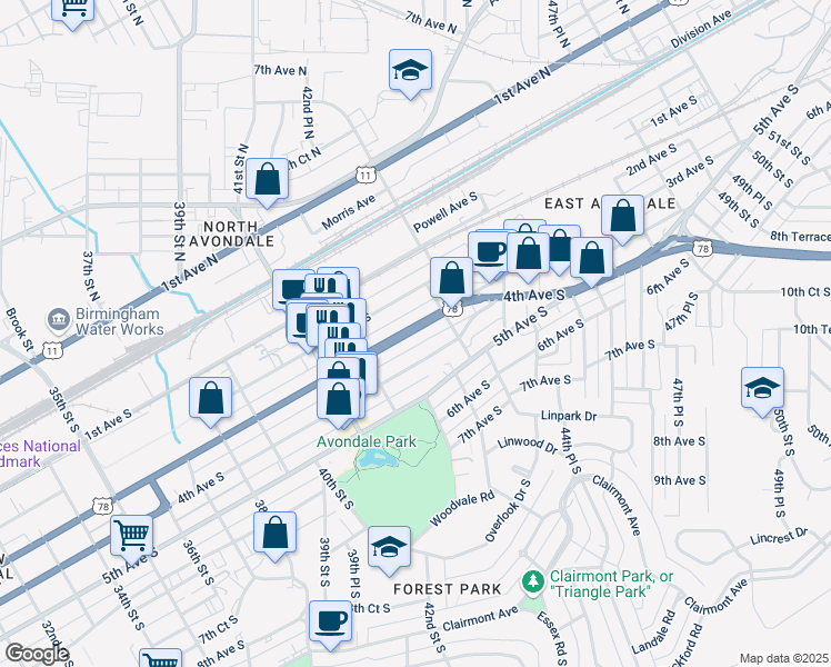 map of restaurants, bars, coffee shops, grocery stores, and more near 4245 3rd Avenue South in Birmingham
