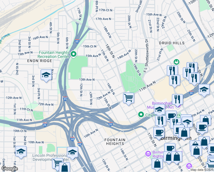 map of restaurants, bars, coffee shops, grocery stores, and more near 1215 16th Street North in Birmingham