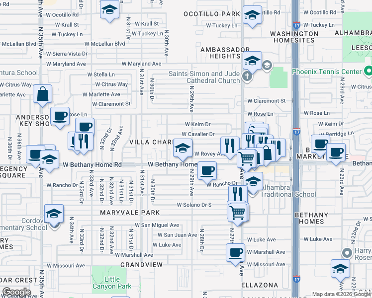 map of restaurants, bars, coffee shops, grocery stores, and more near 2930 West Bethany Home Road in Phoenix