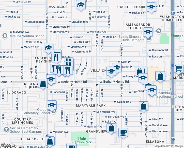 map of restaurants, bars, coffee shops, grocery stores, and more near 3116 West Rovey Avenue in Phoenix