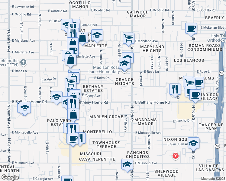 map of restaurants, bars, coffee shops, grocery stores, and more near 1030 East Bethany Home Road in Phoenix