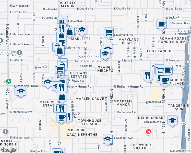 map of restaurants, bars, coffee shops, grocery stores, and more near 1030 East Bethany Home Road in Phoenix