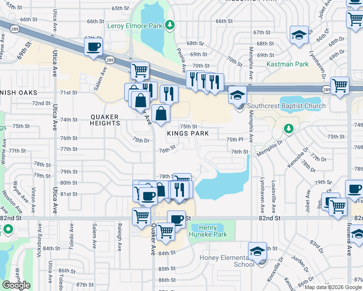 map of restaurants, bars, coffee shops, grocery stores, and more near 4001 76th Street in Lubbock