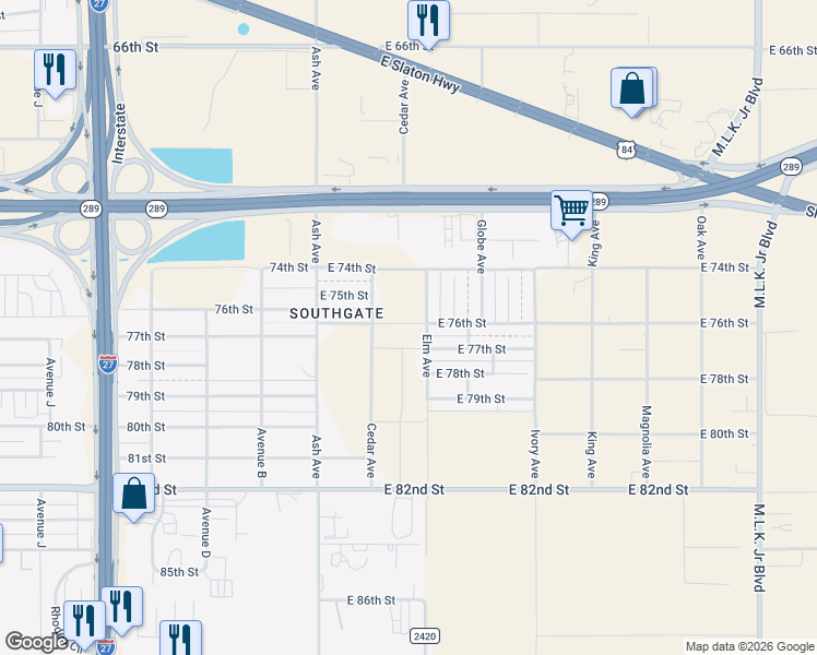 map of restaurants, bars, coffee shops, grocery stores, and more near 7417 Elm Avenue in Lubbock