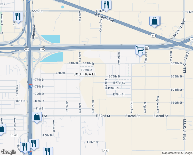 map of restaurants, bars, coffee shops, grocery stores, and more near 7902-7944 Cedar Avenue in Lubbock