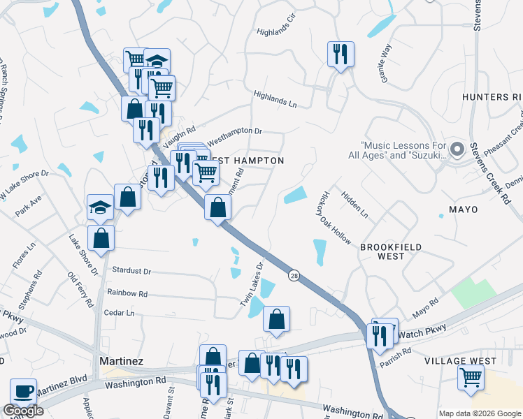 map of restaurants, bars, coffee shops, grocery stores, and more near 3672 Marlboro Street in Martinez