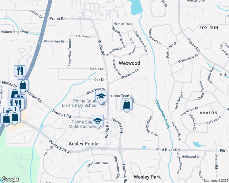 map of restaurants, bars, coffee shops, grocery stores, and more near 8455 Glendevon Court in Riverdale
