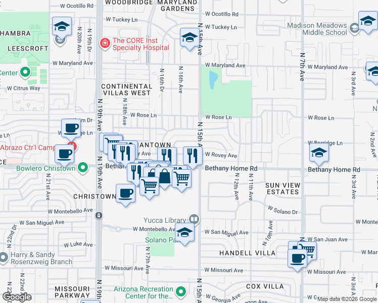 map of restaurants, bars, coffee shops, grocery stores, and more near 1520 West Rovey Avenue in Phoenix