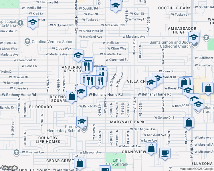 map of restaurants, bars, coffee shops, grocery stores, and more near 6023 North 33rd Avenue in Phoenix