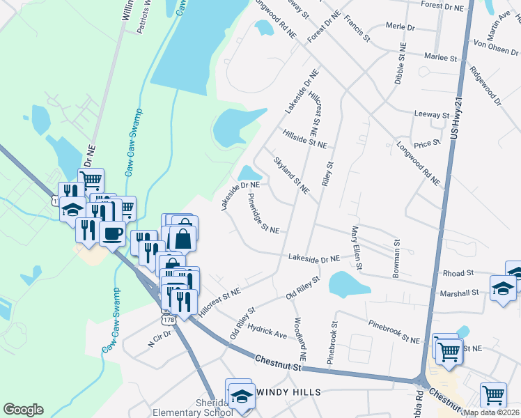 map of restaurants, bars, coffee shops, grocery stores, and more near 2218 Pineridge Street Northeast in Orangeburg
