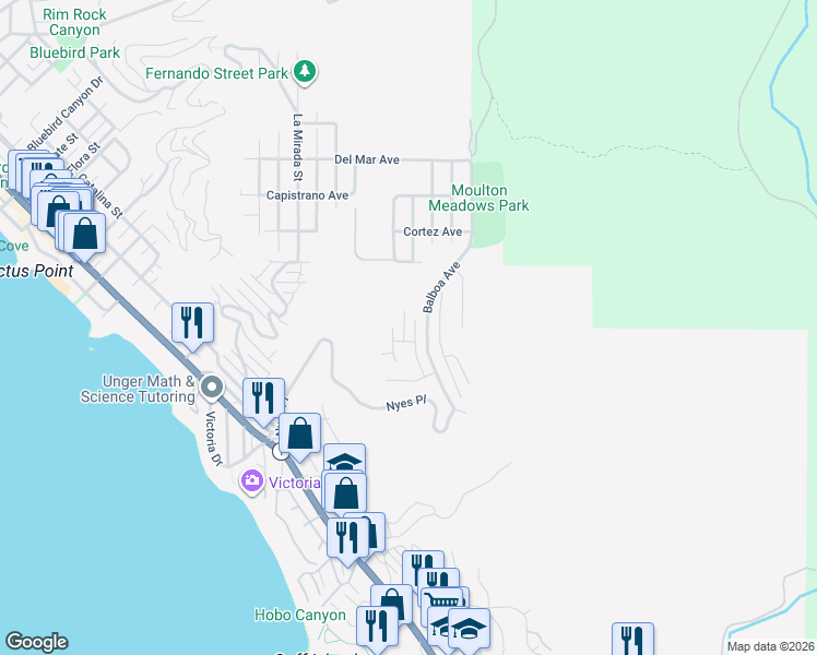map of restaurants, bars, coffee shops, grocery stores, and more near 741 Marlin Drive in Laguna Beach