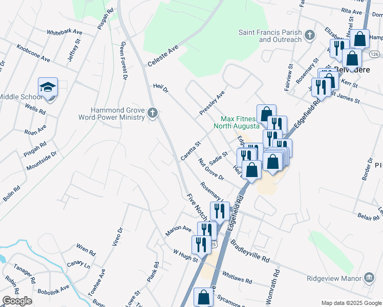 map of restaurants, bars, coffee shops, grocery stores, and more near 140 Nut Grove Drive in North Augusta
