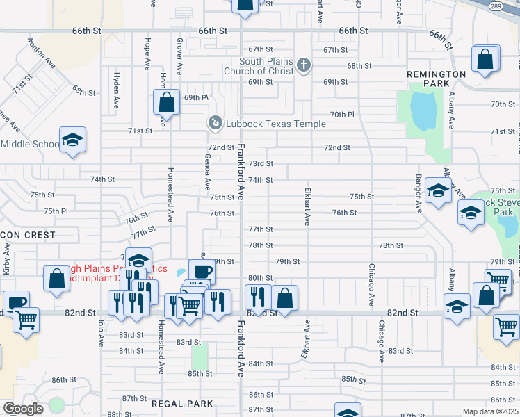 map of restaurants, bars, coffee shops, grocery stores, and more near 5722 76th Street in Lubbock