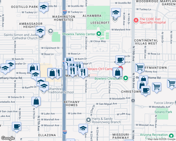 map of restaurants, bars, coffee shops, grocery stores, and more near 6027 North 23rd Avenue in Phoenix