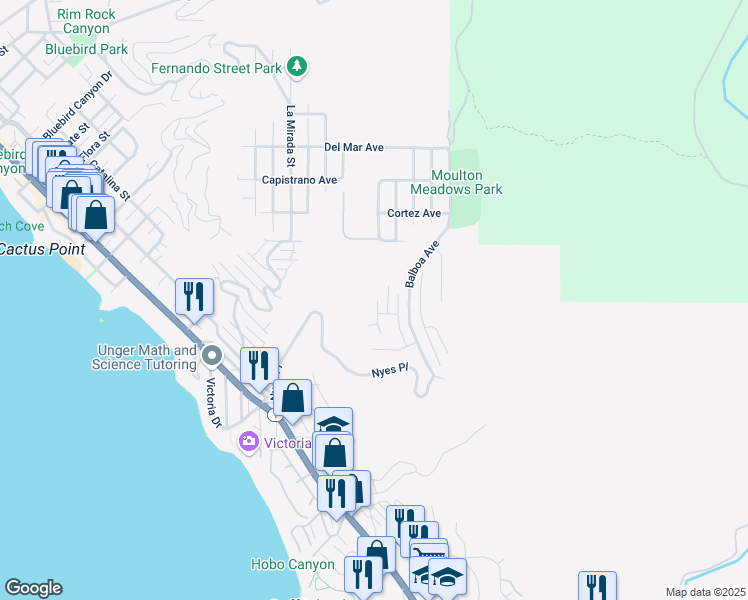 map of restaurants, bars, coffee shops, grocery stores, and more near 747 Davis Way in Laguna Beach