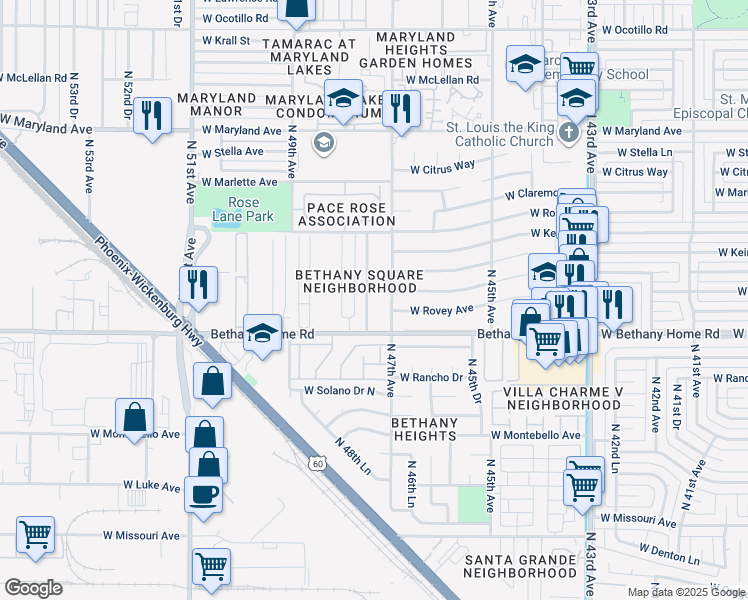 map of restaurants, bars, coffee shops, grocery stores, and more near 6105 North 47th Drive in Glendale