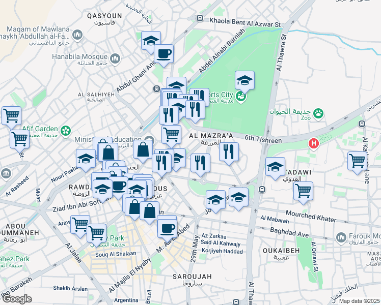 map of restaurants, bars, coffee shops, grocery stores, and more near Al Malek Al Adel in Damascus