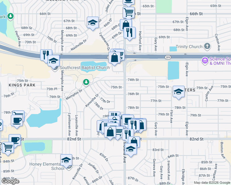 map of restaurants, bars, coffee shops, grocery stores, and more near 3408-3410 76th Street in Lubbock