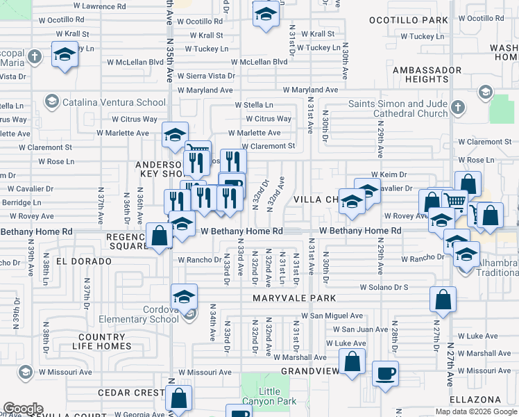 map of restaurants, bars, coffee shops, grocery stores, and more near 6023 North 33rd Avenue in Phoenix