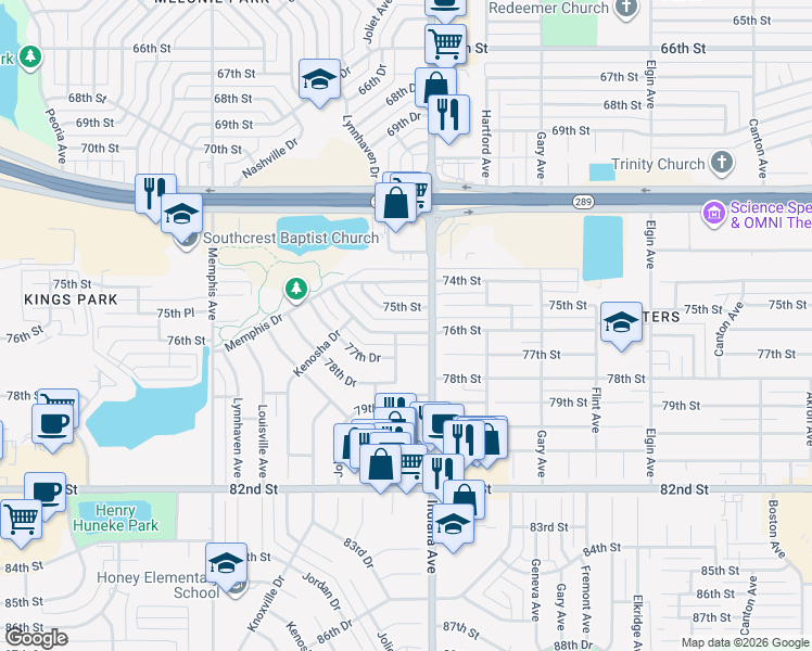 map of restaurants, bars, coffee shops, grocery stores, and more near 3408 76th Street in Lubbock