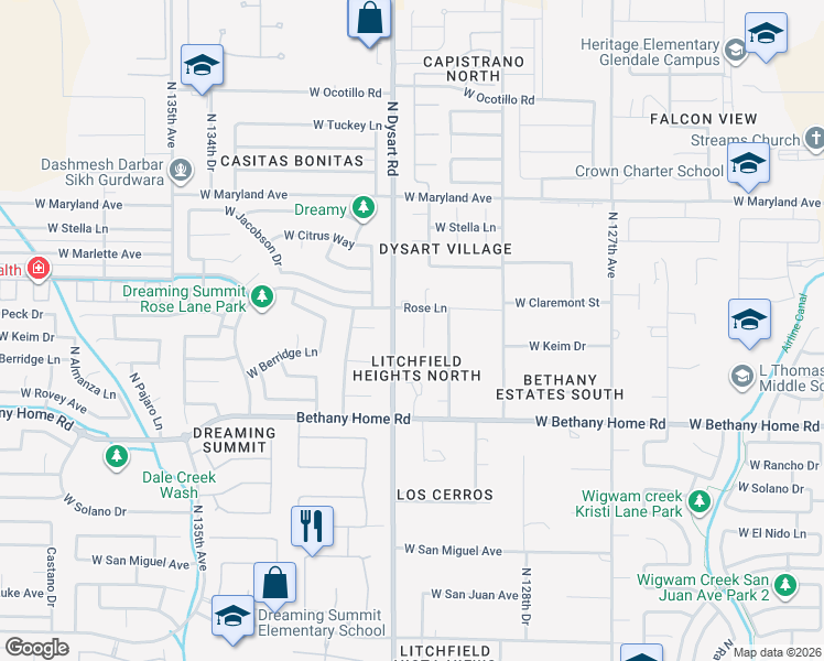 map of restaurants, bars, coffee shops, grocery stores, and more near 6127 North Dysart Road in Litchfield Park