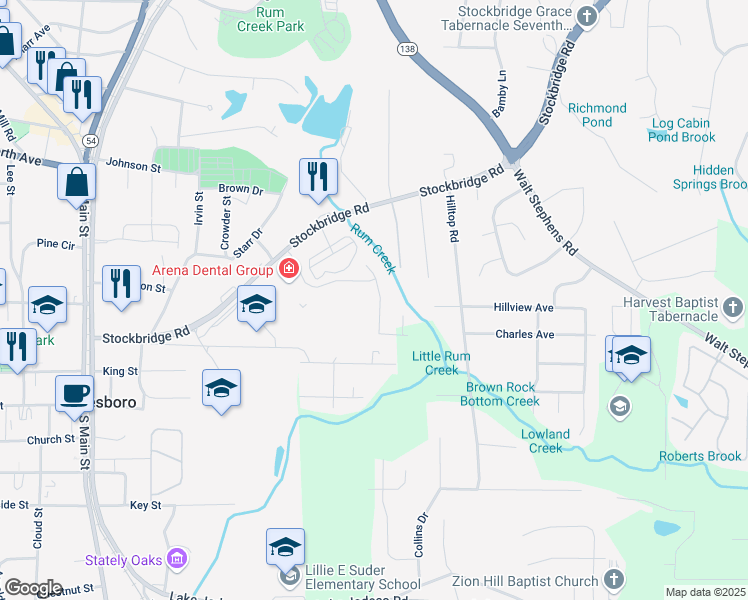 map of restaurants, bars, coffee shops, grocery stores, and more near 8419 Douglass Trail in Jonesboro