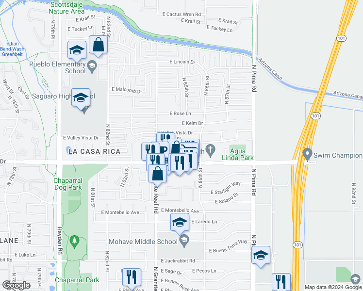 map of restaurants, bars, coffee shops, grocery stores, and more near 6177 North Granite Reef Road in Scottsdale