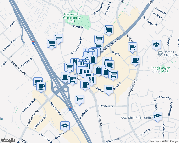 map of restaurants, bars, coffee shops, grocery stores, and more near 26478 Ynez Road in Temecula
