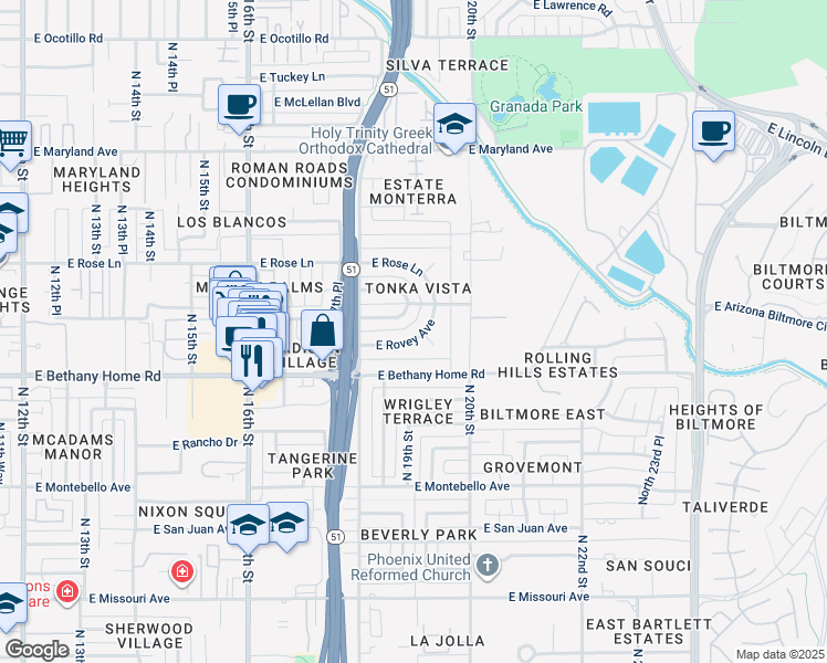 map of restaurants, bars, coffee shops, grocery stores, and more near 1902 East Rovey Avenue in Phoenix
